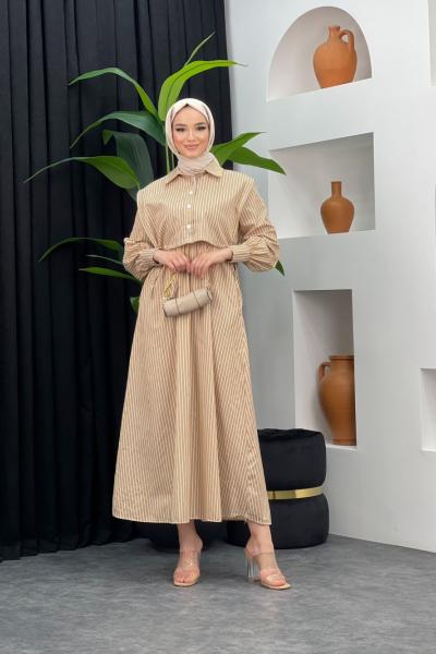Çizgili Gömlek Elbise Camel