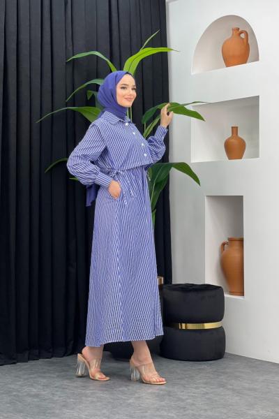 Çizgili Gömlek Elbise Saks Mavisi