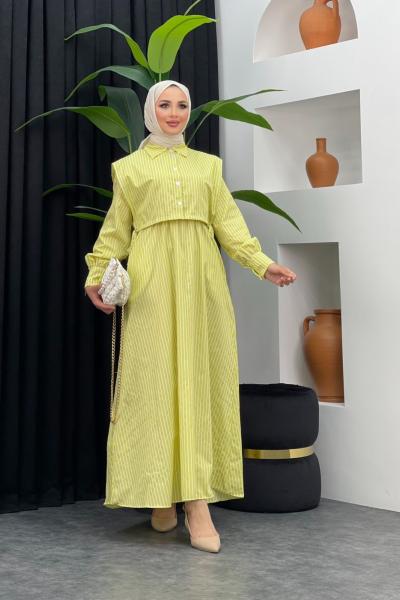 Çizgili Gömlek Elbise Sarı