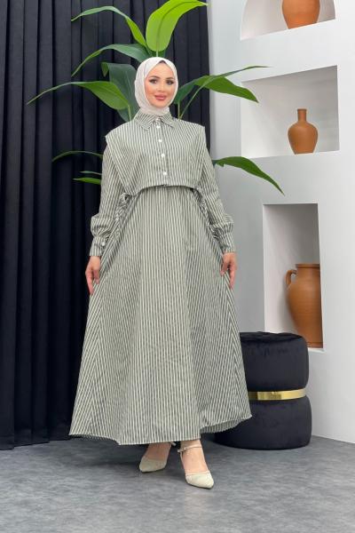 Çizgili Gömlek Elbise Haki Yeşili