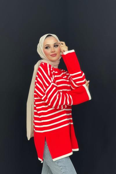 Çizgili Triko Kazak Kırmızı