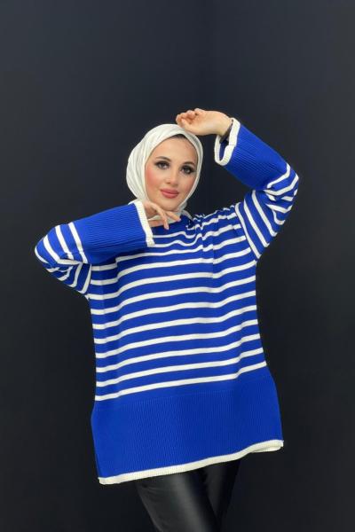 Çizgili Triko Kazak Saks Mavisi