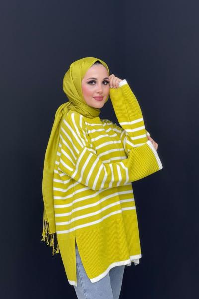 Çizgili Triko Kazak Yağ Yeşili