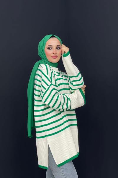 Çizgili Triko Kazak Yeşil