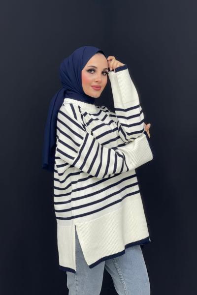 Çizgili Triko Kazak Lacivert