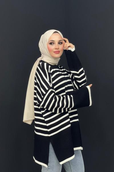Çizgili Triko Kazak Siyah