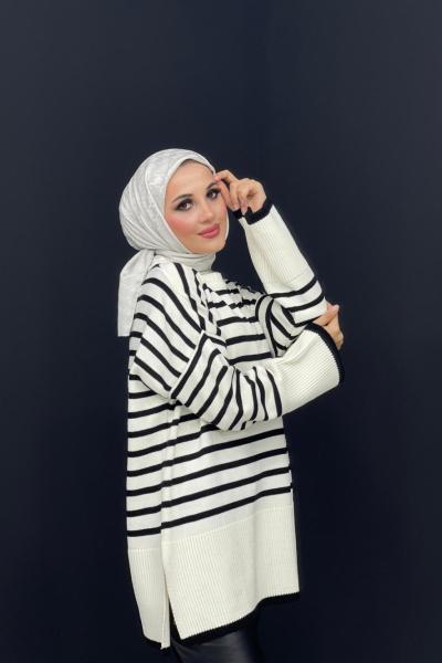 Çizgili Triko Kazak Beyaz