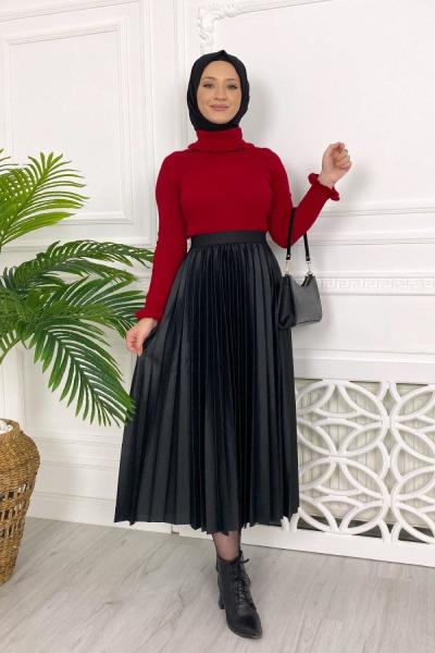 Deri Görünümlü Piliseli Etek Siyah