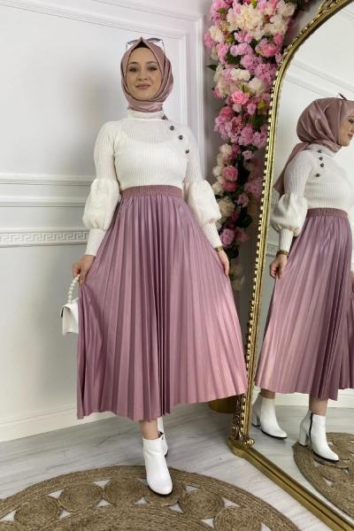 Deri Görünümlü Piliseli Etek Pudra