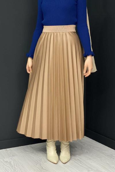 Deri Görünümlü Piliseli Etek Vizon