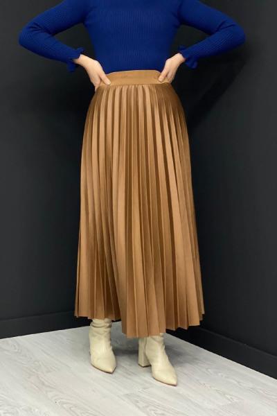 Deri Görünümlü Piliseli Etek Taba