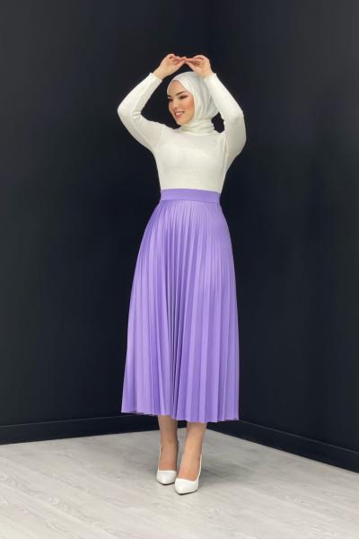 Deri Görünümlü Piliseli Etek Lila