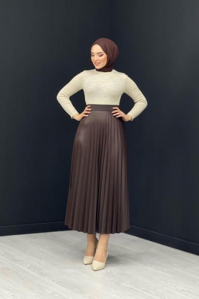 Deri Görünümlü Piliseli Etek Kahverengi