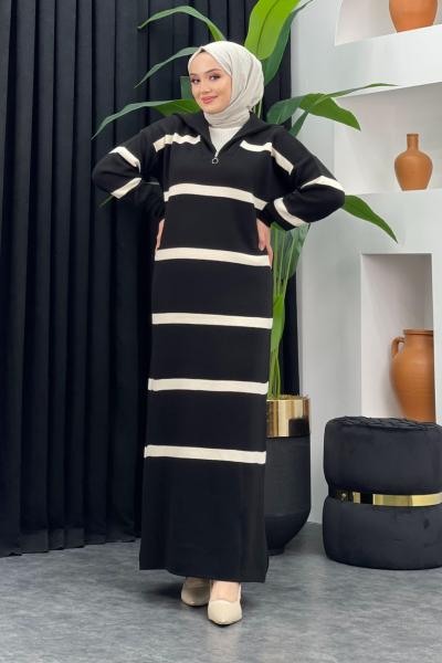 Derya Çizgili Elbise Siyah
