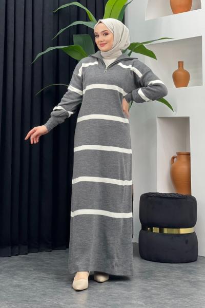 Derya Çizgili Elbise Gri