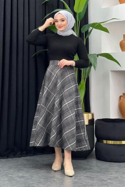 Desenli Kaşe Etek Siyah / Taş