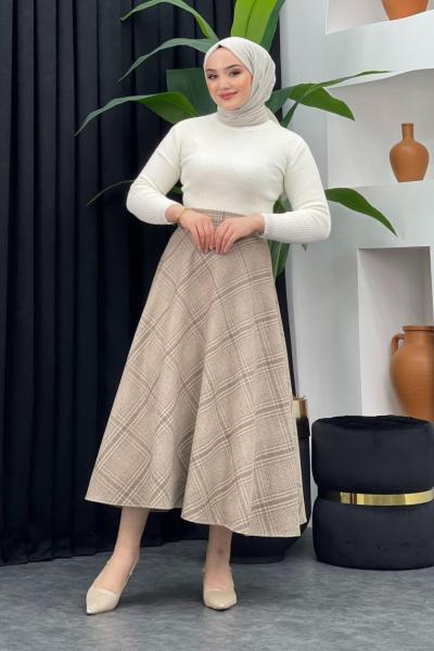 Desenli Kaşe Etek Vizon