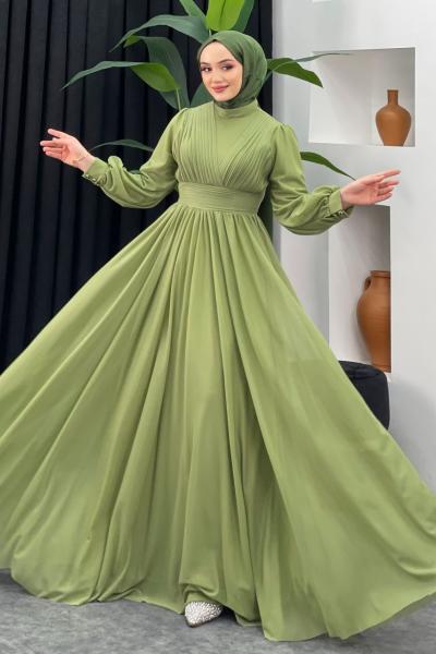 Destan Şifon Abiye Fıstık Yeşili