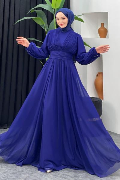 Destan Şifon Abiye Saks Mavisi