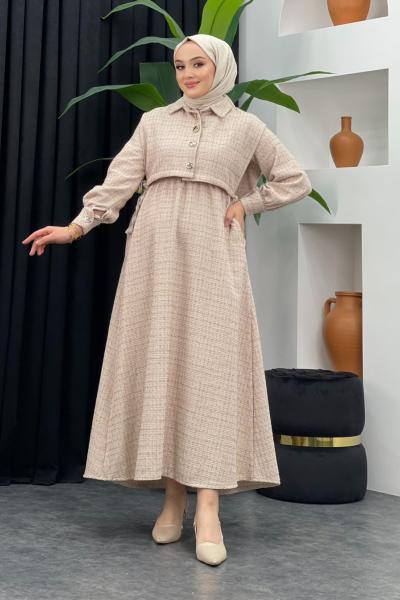 Dilan Simli Elbise Bej