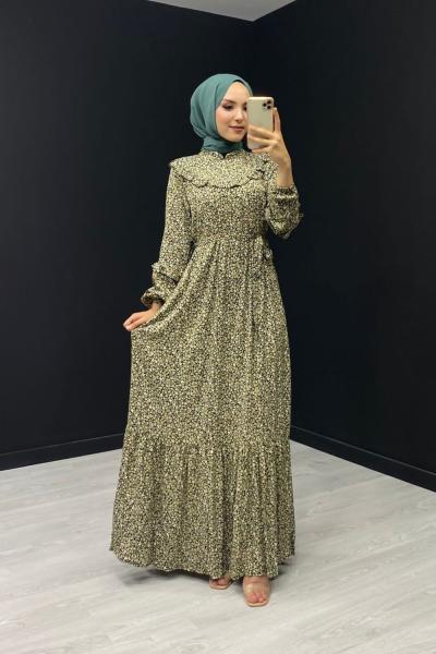 Doğa Çiçekli Elbise Haki Yeşili