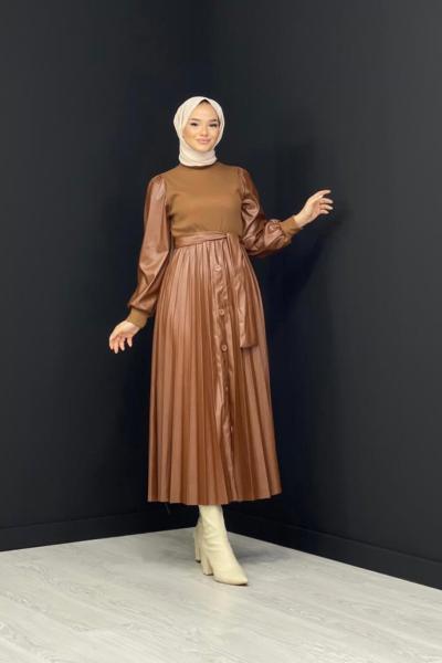 Düğme Detaylı Deri Elbise Kahverengi