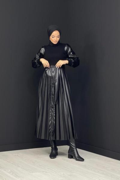 Düğme Detaylı Deri Elbise Siyah