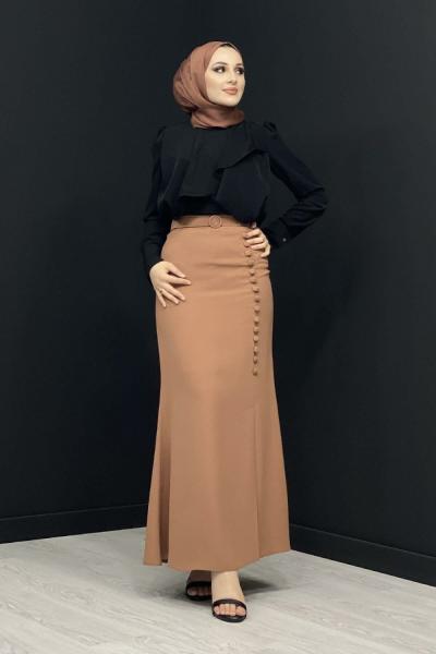 Düğme Detaylı Etek Taba