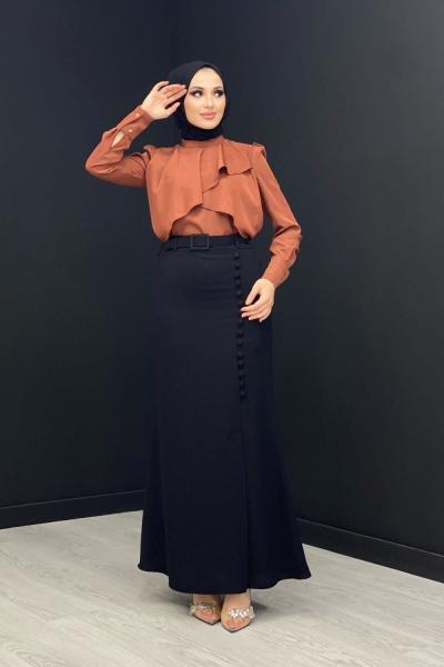 Düğme Detaylı Etek Siyah