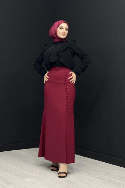 Düğme Detaylı Etek Bordo