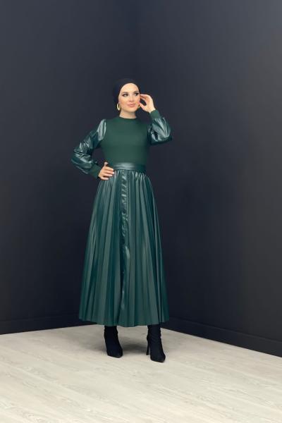 Düğme Detaylı Deri Elbise Zümrüt