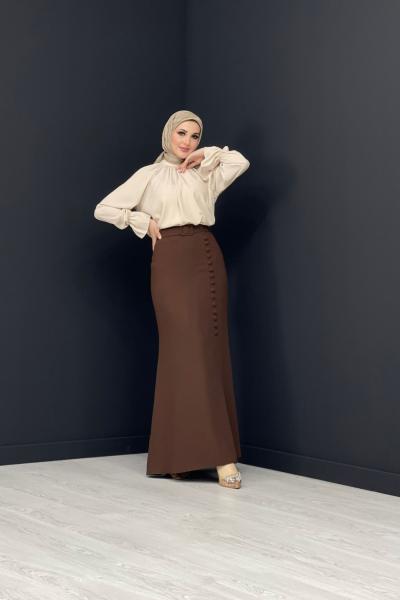 Düğme Detaylı Etek Kahverengi
