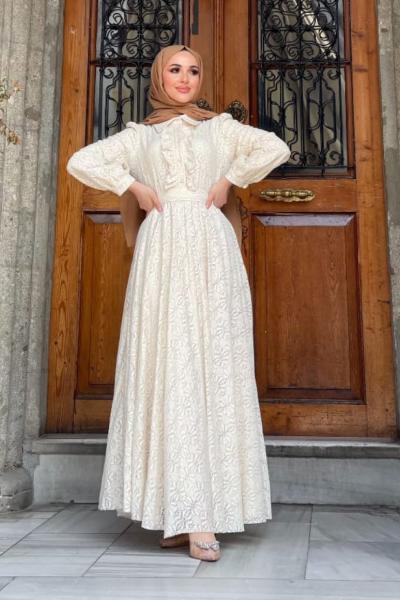 Düğmeli Dantelli Elbise Taş Rengi