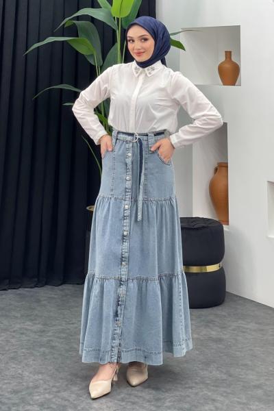 Düğmeli Kot Etek Mavi