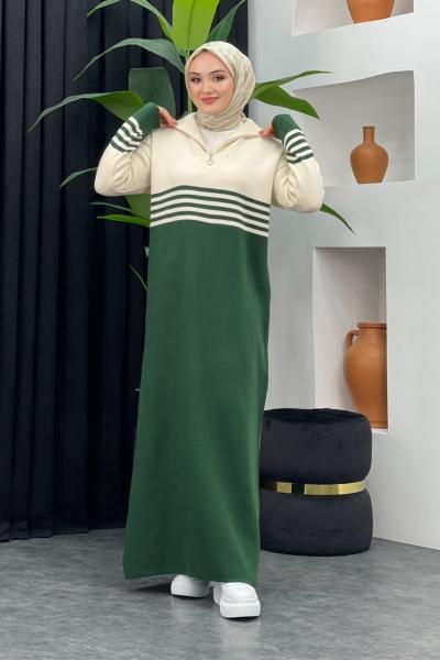 Duygu Çizgili Elbise Zümrüt