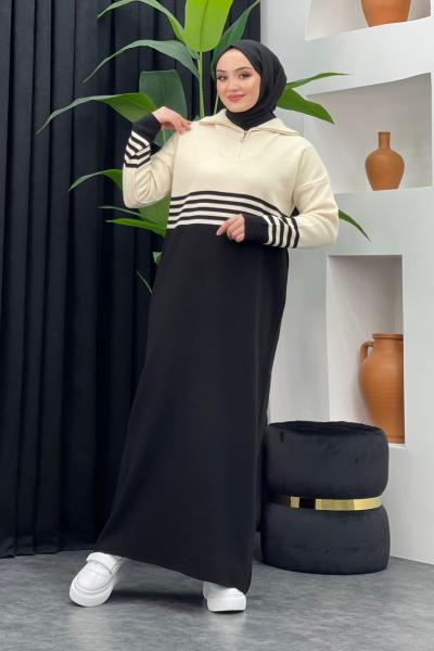 Duygu Çizgili Elbise Siyah