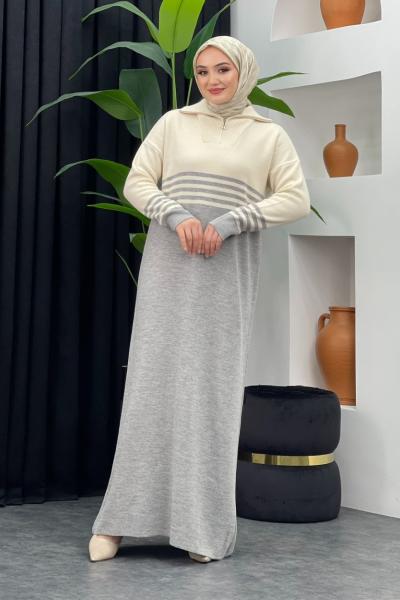 Duygu Çizgili Elbise Gri