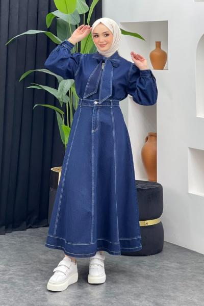 Duygu Kot Etekli Takım Koyu Mavi