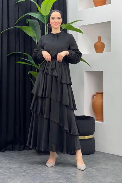 Ediz Katlı Saten Elbise Siyah