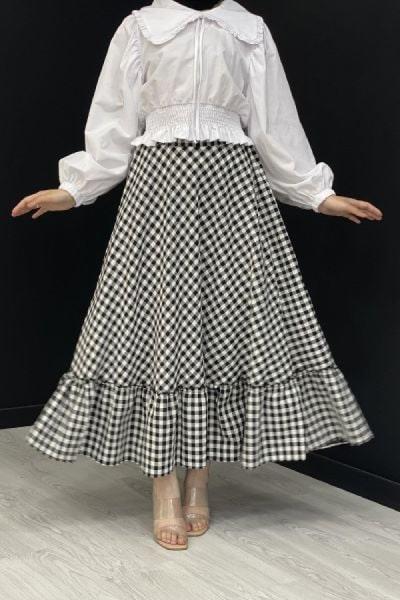 Ekose Fırfırlı Etek Siyah / Beyaz