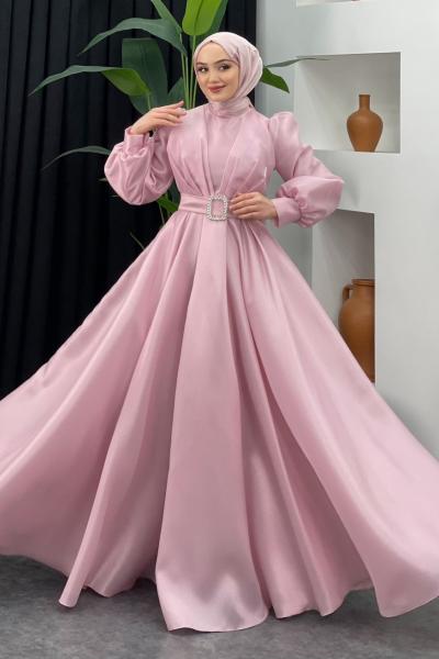 Esma Kabarık Kemerli Abiye  Pudra