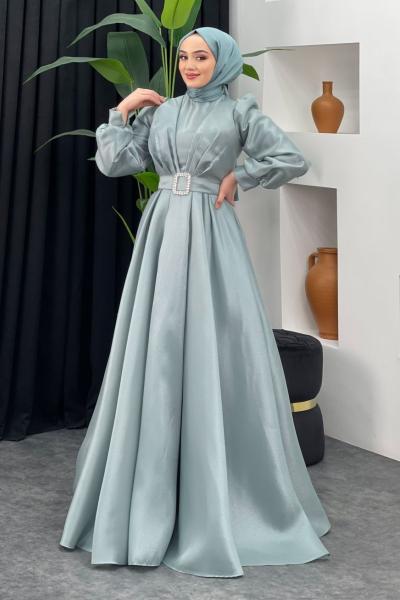 Esma Kabarık Kemerli Abiye  Su Yeşili