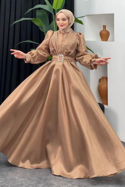 Esma Kabarık Kemerli Abiye  Kahverengi