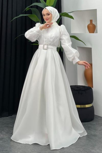 Esma Kabarık Kemerli Abiye  Beyaz