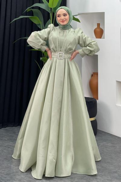 Esma Kabarık Kemerli Abiye  Mint Yeşili