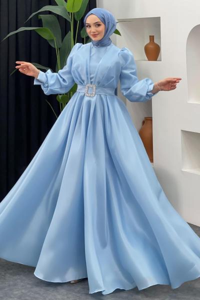 Esma Kabarık Kemerli Abiye  Bebe Mavisi