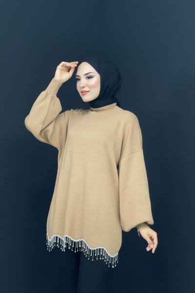 Eteği Taşlı Triko Tunik Sütlü Kahve