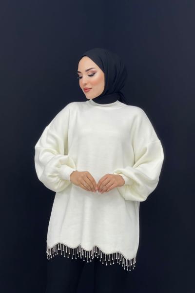 Eteği Taşlı Triko Tunik Beyaz