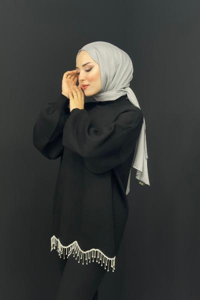 Eteği Taşlı Triko Tunik Siyah
