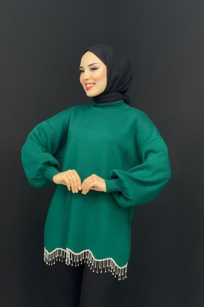 Eteği Taşlı Triko Tunik Zümrüt